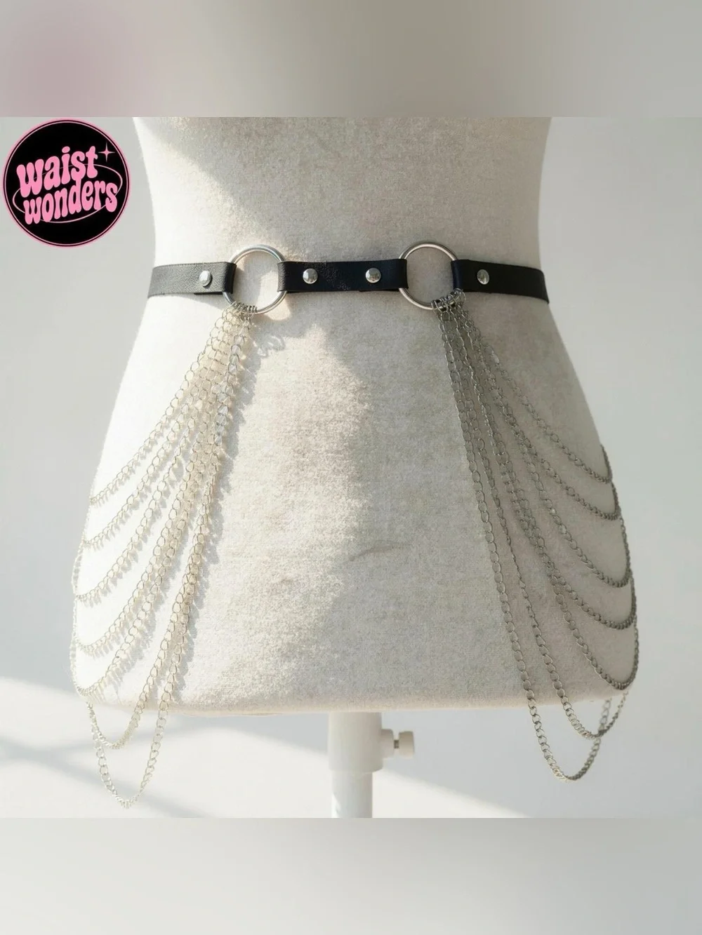 Y2K 2000s style Black leather belt with silver chain fringe